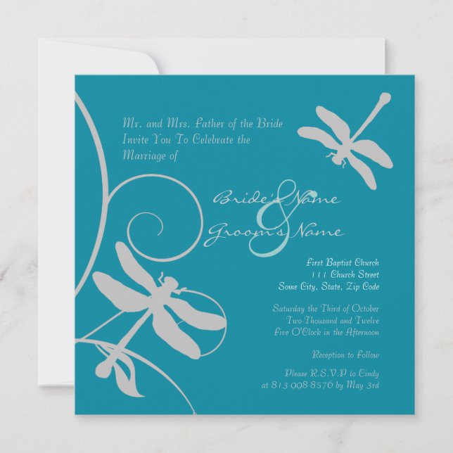 Aqua Blue and Silver Dragonfly Wedding Invitation (Front)