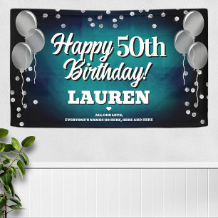 Aqua Blue and Silver Happy Birthday Banner