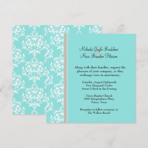 Aqua Blue and Taupe Damask Wedding Invitation
