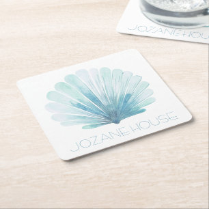 Aqua Blue and White Coastal Seashell Personalised Square Paper Coaster