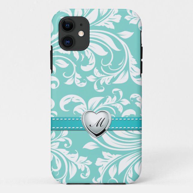 Aqua Blue and White Damask Pattern with Monogram Case-Mate iPhone Case (Back)