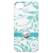 Aqua Blue and White Damask Pattern with Monogram