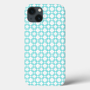 Aqua Blue and White Funky Retro Style Pattern iPhone 13 Case