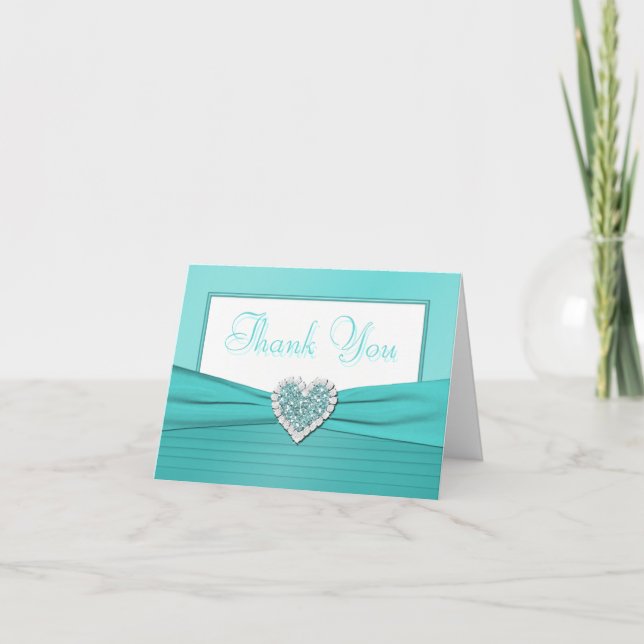 Aqua Blue and White Glitter Heart Thank You Card (Front)