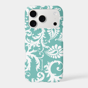 Aqua Blue And White Personalised Damask iPhone