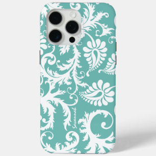 Aqua Blue And White Personalised Damask iPhone iPhone 15 Pro Max Case