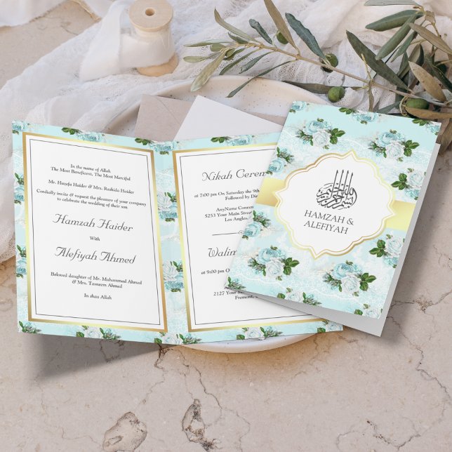 Aqua Blue and White Roses Floral Muslim Wedding Invitation (Creator Uploaded)