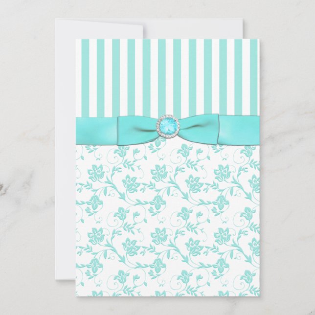 Aqua Blue and White Striped Floral Wedding Invite (Front)