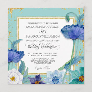 Aqua Blue and White Watercolor Floral Gold Frame Invitation