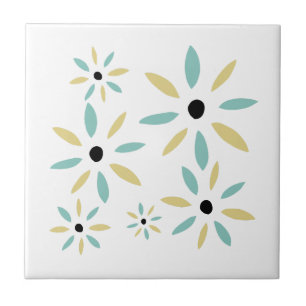 Aqua Blue And Yellow Mid Mod Retro Flowers Tile