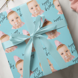 Aqua Blue Baby Face Birthday    Custom Photo Wrapping Paper