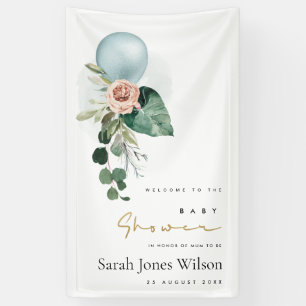 AQUA BLUE BALLOON PEACH FLORAL BUNCH BABY SHOWER  BANNER