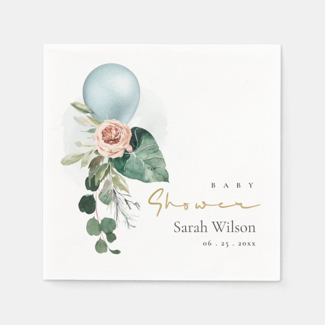 AQUA BLUE BALLOON PEACH FLORAL BUNCH BABY SHOWER NAPKIN (Front)