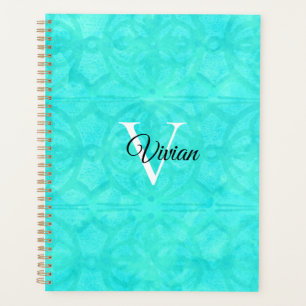 Aqua Blue Batik Elegant Monogram Name Planner