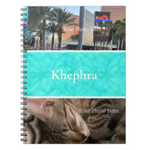 Aqua Blue Batik Photo Collage, Border, Name Notebook