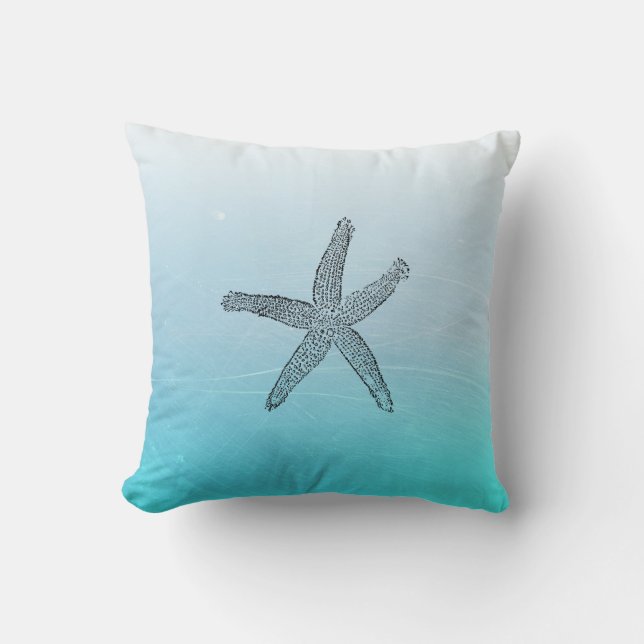 Aqua Blue Beach House Home Decor Starfish Pillow (Front)