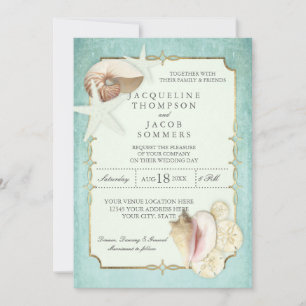 Aqua Blue Beach Ocean Shell Sand Faux Gold Wedding Invitation