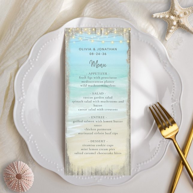 Aqua Blue Beach Rustic Wood String Lights Wedding Menu (Creator Uploaded)