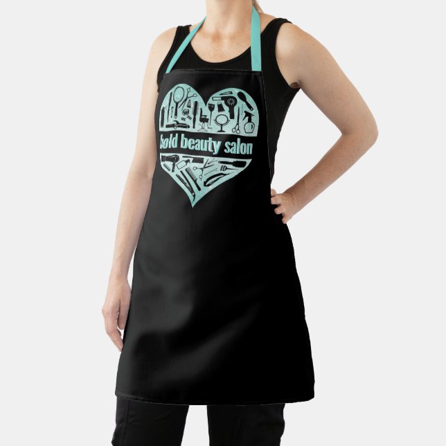 Aqua Blue Beauty Salon Glitter Heart Hair Stylist Apron (Insitu)