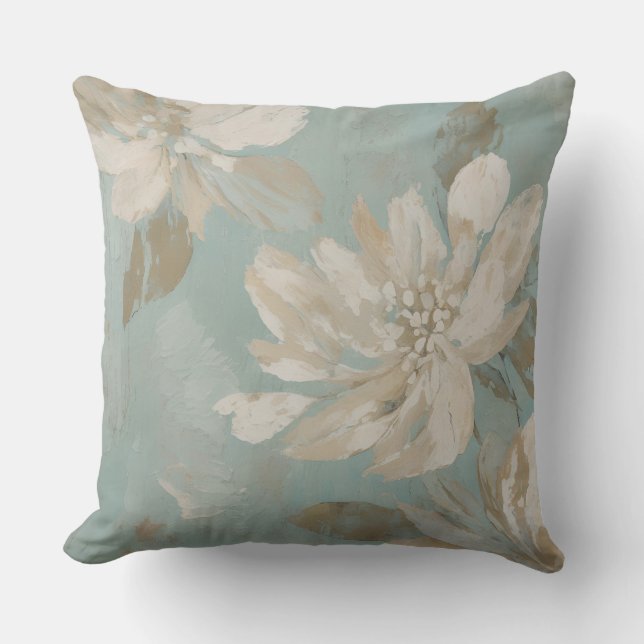 Aqua Blue Beige Cream Abstract Floral Cushion (Front)