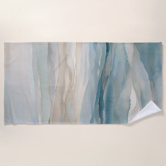 Aqua Blue Beige Teal Cream Abstract Wave Pattern Beach Towel (Front)