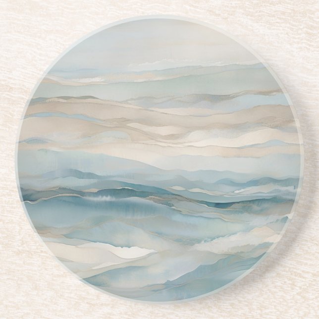 Aqua Blue Beige Teal Cream Abstract Wave Pattern Coaster (Front)
