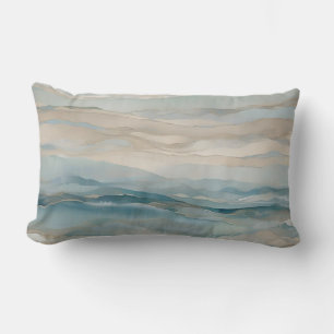 Aqua Blue Beige Teal Cream Abstract Wave Pattern Lumbar Cushion