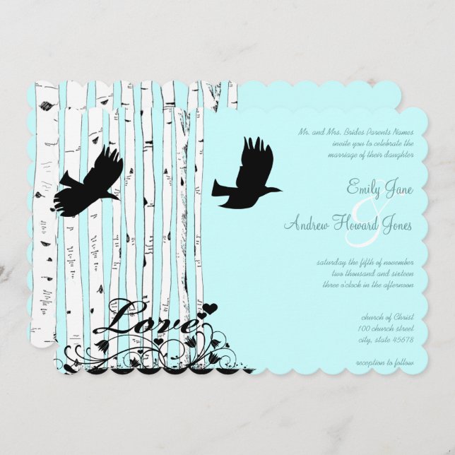 Aqua Blue Birch Tree Love Bird Wedding Invitations (Front/Back)