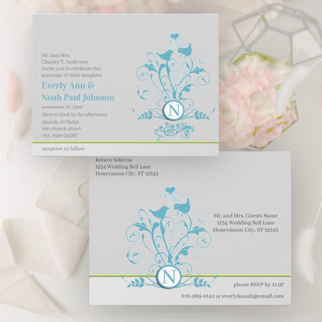 Aqua Blue Birds Hearts Wedding Invitation Postcard (Creator Uploaded)