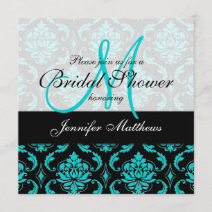 Aqua Blue Black Damask Bridal Shower Invitation