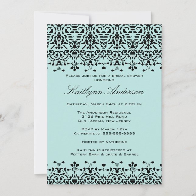 Aqua Blue & Black Damask Bridal Shower Invitation (Front)