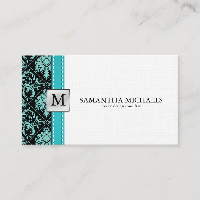 Aqua Blue / Black Damask Monogram Interior Design Business Card (Front)