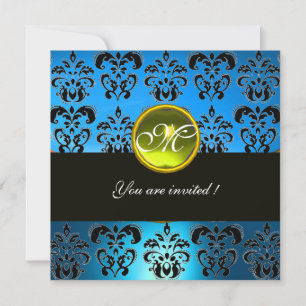 AQUA BLUE BLACK  DAMASK MONOGRAM, yellow topaz Invitation