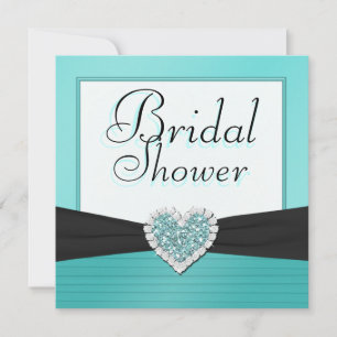 Aqua Blue & Black Glitter Heart Wedding Shower Invitation