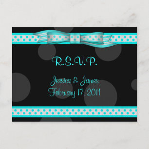 Aqua Blue Black Polka Dot Ribbon RSVP Postcard