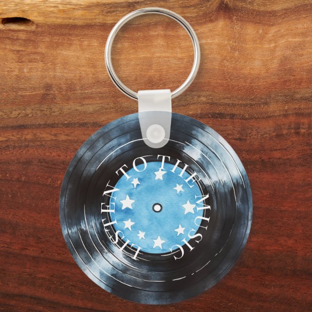 Aqua Blue Black Record Music Key Ring (Front)