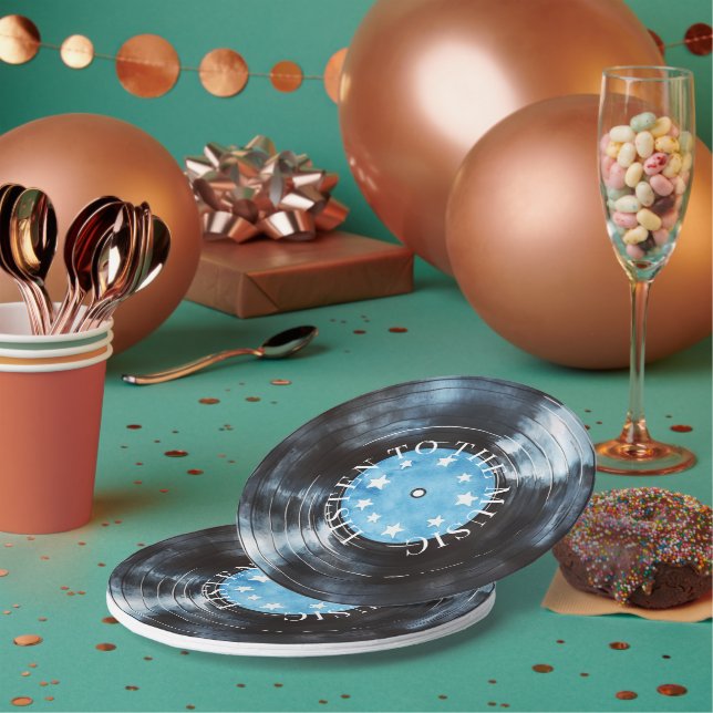 Aqua Blue Black Record Music Paper Plate (Multi)