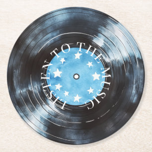 Aqua Blue Black Record Music Round Paper Coaster
