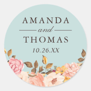 Aqua Blue Blush Floral Wedding Envelope Seal