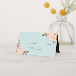Aqua Blue Blush Floral Wedding Place Card