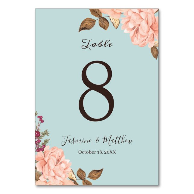 Aqua Blue Blush Floral Wedding Table Number (Front)