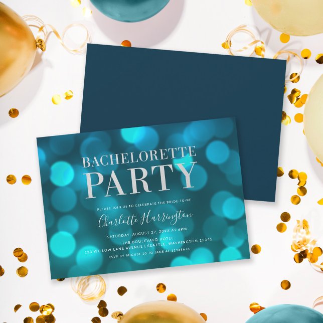 Aqua Blue Bokeh Lights Bachelorette Party Invitation (Creator Uploaded)