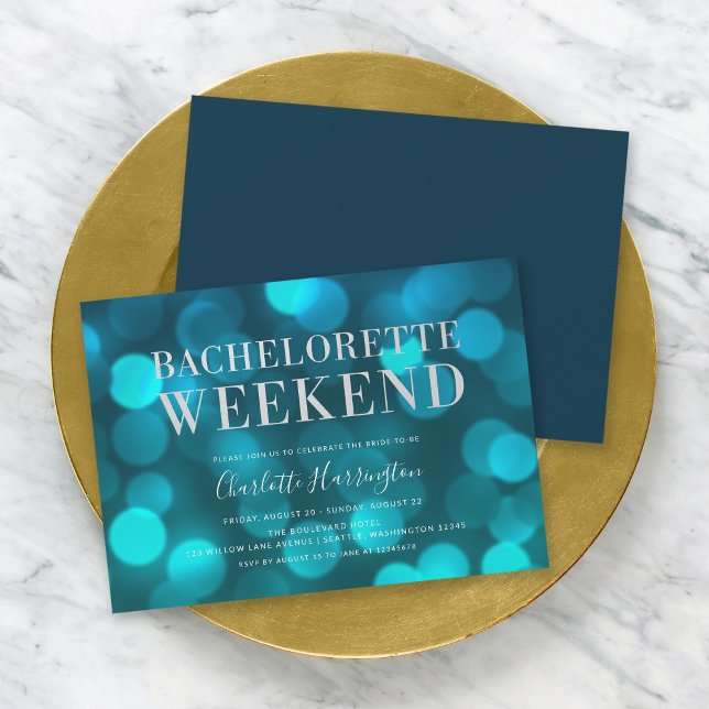 Aqua Blue Bokeh Lights Bachelorette Weekend Invitation (Creator Uploaded)