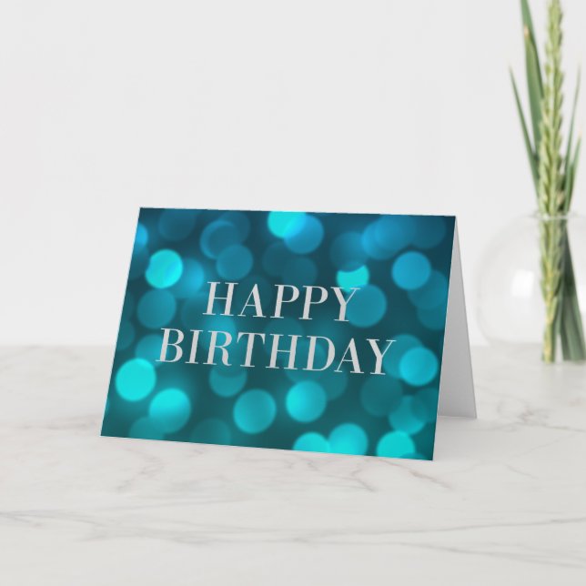 Aqua Blue Bokeh Lights Faux Silver Happy Birthday Card (Front)