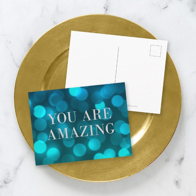 Aqua Blue Bokeh Lights Faux Silver You Are Amazing Postcard (Creator Uploaded)