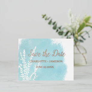 Aqua Blue Botanical Watercolor Wash    Foil Invitation Postcard