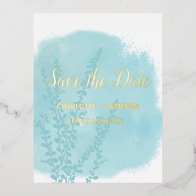Aqua Blue Botanical Watercolor Wash  Gold Foil Invitation Postcard (Front)