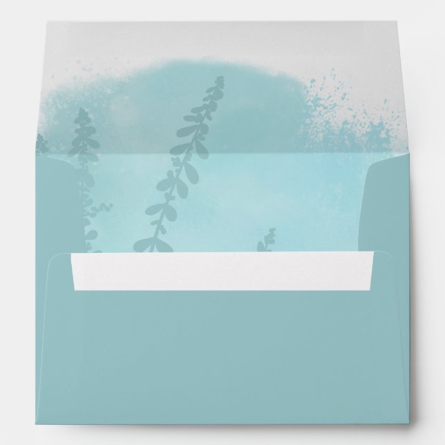 Aqua Blue Botanical Watercolor Wash Wedding Envelope (Back (Bottom))
