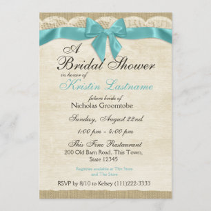 Aqua Blue Bow and Lace Bridal Shower Invitation