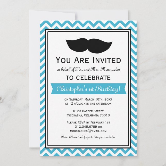 Aqua Blue Boy Moustache Chevron Birthday Party Invitation (Front)